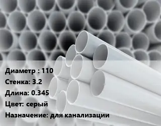 Труба ПВХ, поливинилхлорид 110 s=3.2 L=0.345 серый для канализации